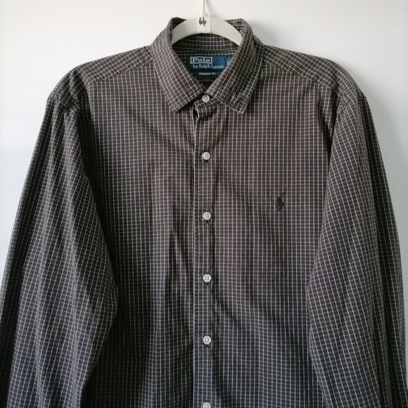 Polo By Ralph Lauren Mens Taupe Gray Check Classic Fit Button-Up Shirt Size L - Picture 2 of 6